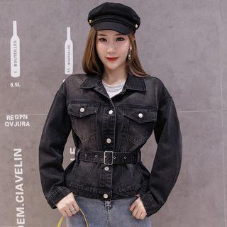 Buttoned Belted Waist Denim Jacket