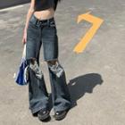 Mid-waist Distressed Boot-cut Jeans