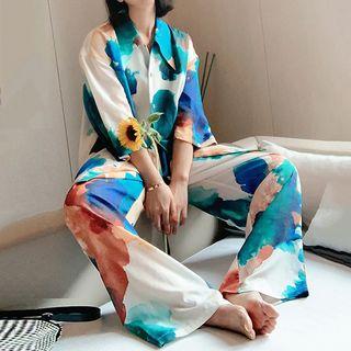 3/4-sleeve Printed Shirt / Printed Wide Leg Pants