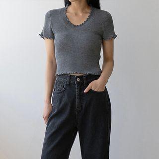 U-neck Lettuce-edge Knit Crop Top