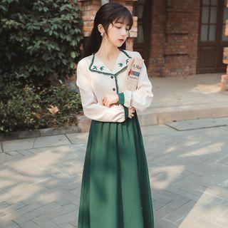Long-sleeve Embroidered Lace Trim Maxi A-line Dress