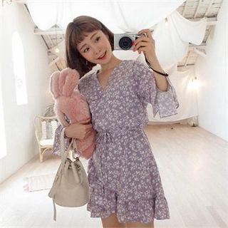 Flounced Floral Mini Surplice-wrap Dress