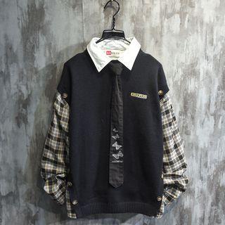 Mock Two-piece Plaid Panel Sweatshirt / Long-sleeve Shirt / Set