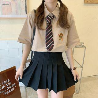 Set: Elbow-sleeve Bear Embroidered Shirt + Striped Tie