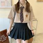 Set: Elbow-sleeve Bear Embroidered Shirt + Striped Tie