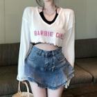 Long-sleeve Lettering Crop Top / Camisole Top / Denim Mini A-line Skirt