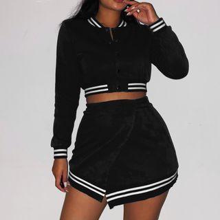 Set: Long Sleeve Contrast-trim Crop Bomber Jacket + Mini Skirt