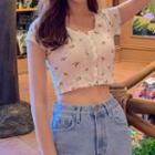 Floral Print Short-sleeve Cropped Top White - One Size