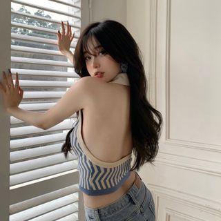 V-neck Two Tone Striped Cropped Tank Top Blue - One Size