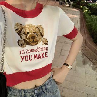 Short-sleeve Bear Contrast Trim Cropped Top As Shown In Figure - One Size