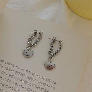 Bear Chained Stainless Steel Dangle Earring 1 Pair - Bear - Silver - One Size