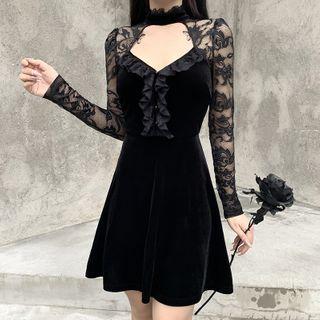Lace-sleeve Cutout A-line Velvet Dress