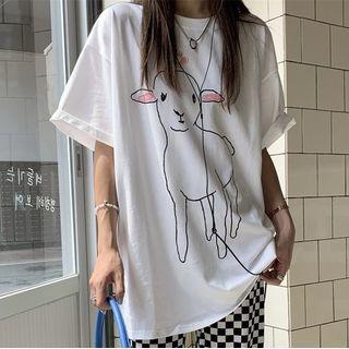 Elbow-sleeve Lamb Print T-shirt