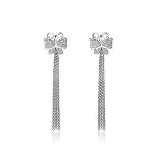 925 Sterling Silver Fashion Elegant Butterfly Tassel Earrings With Cubic Zircon Silver - One Size