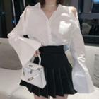 Bell-sleeve Open-back Shirt / Mini Pleated Skirt