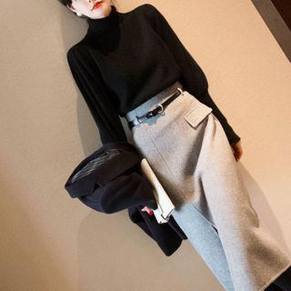 Long-sleeve Mock-neck Knit Top / High-waist Midi A-line Skirt