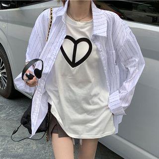 Striped Shirt / Short-sleeve Heart Print T-shirt