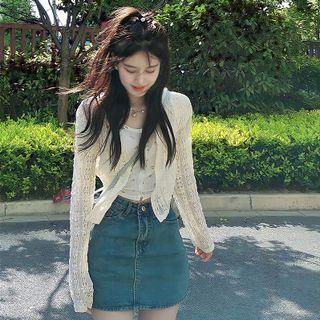 Lace Jacket / Short-sleeve Flower Print T-shirt / Denim Mini Pencil Skirt