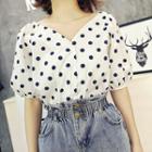 Dotted V-neck Elbow Sleeve Blouse
