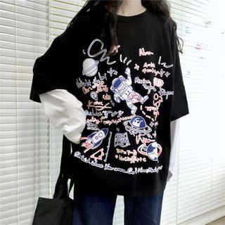 Mock Two-piece Long-sleeve Astronaut Print T-shirt