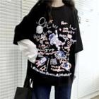 Mock Two-piece Long-sleeve Astronaut Print T-shirt