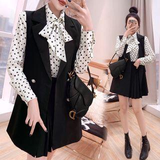Set: Dot Print Shirt + Double Breasted Vest + Mini Skirt