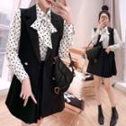 Set: Dot Print Shirt + Double Breasted Vest + Mini Skirt