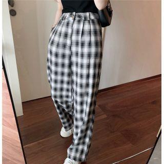 Short-sleeve Cropped Polo Shirt / Plaid Wide-leg Pants