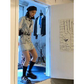 Denim Short-sleeve Button Mini Dress With Belt