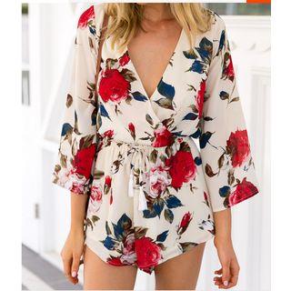 Deep V Floral Print 3/4 Sleeve Playsuit