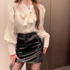 Long-sleeve Bow-neck Blouse / Faux Leather Mini Pencil Skirt