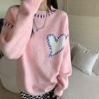 Contrast Stitching Heart Print Sweater Heart Print - Pink - One Size