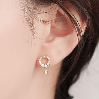 925 Sterling Silver Faux Pearl Rhinestone Hoop Earring