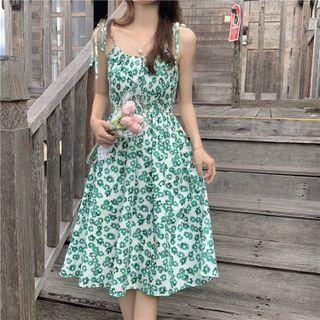 Floral Square-neck Suspender Skirt Green - One Size
