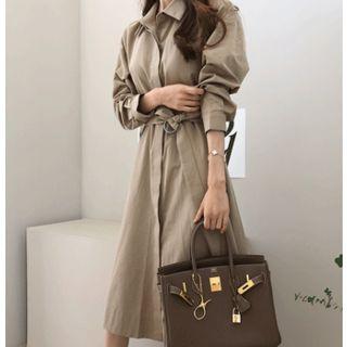 Hidden-button A-line Shirtdress With Sash One Size