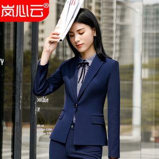Single-button Blazer / Slim-fit Dress Pants / Mini Dress Skirt / Bow Accent Shirt / Set