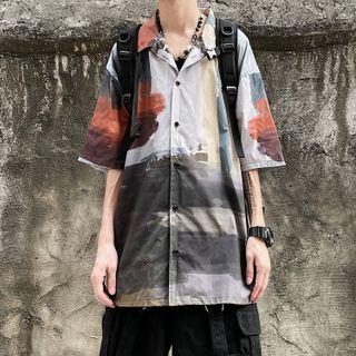 Short-sleeve Color Block Print Shirt