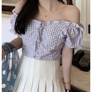 Off-shoulder Ruffled Trim Plaid Top