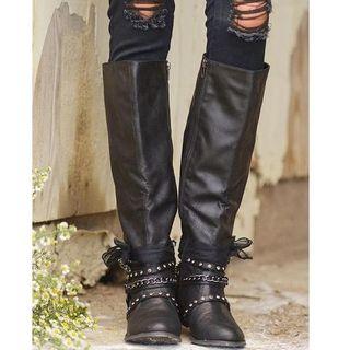 Faux Leather Studded Strappy Tall Boots