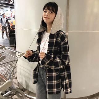 Hood Plaid Shirt Jacket As Shown In Figure - One Size