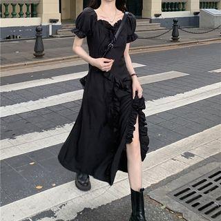 Ruffle Trim Slit Midi A-line Dress