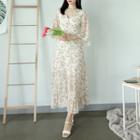 3/4-sleeve Floral Chiffon Long Dress Beige - One Size