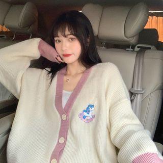 Unicorn Embroidered Contrast Trim Cardigan As Shown In Figure - One Size