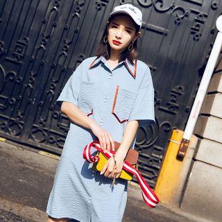 Contrast Trim Wrinkled Shirtdress