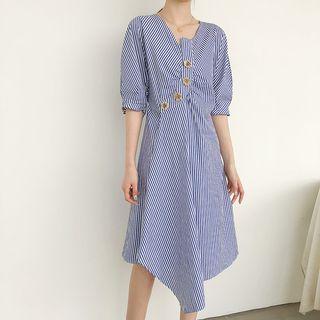 Elbow-sleeve Midi Striped A-line Dress