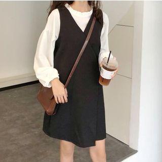 Set: Puff Sleeve Frilled Trim Top + V-neck Pinafore Dress