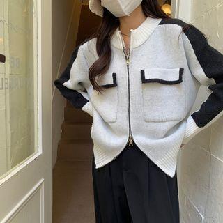 Long-sleeve Contrast Trim Zip Knit Cardigan