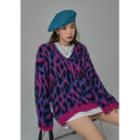 [no One Else] V-neck Leopard Fluffy Sweater Purple - One Size