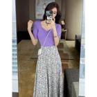 Short-sleeve Knit Top / Floral Print A-line Midi Skirt / Set