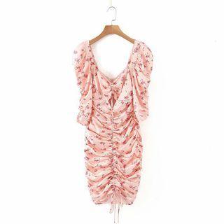 Puff-sleeve Flower Print Drawstring Sheath Dress
